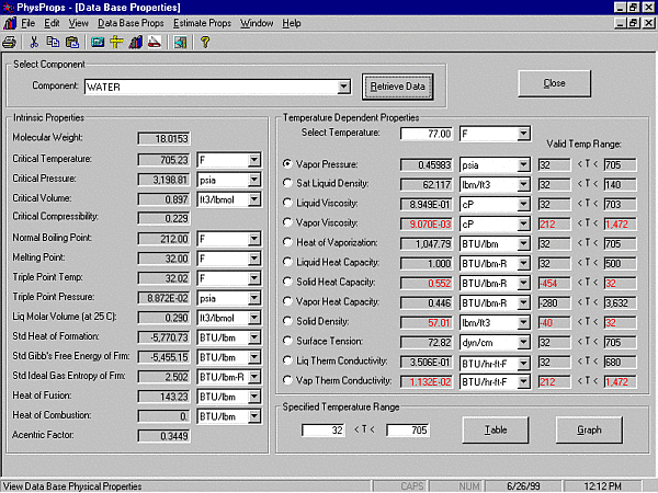 PhysProps Data Base Screen Shot